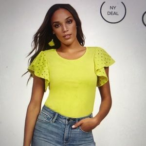 New York and Company Flutter Sleeve Shirt Yellow